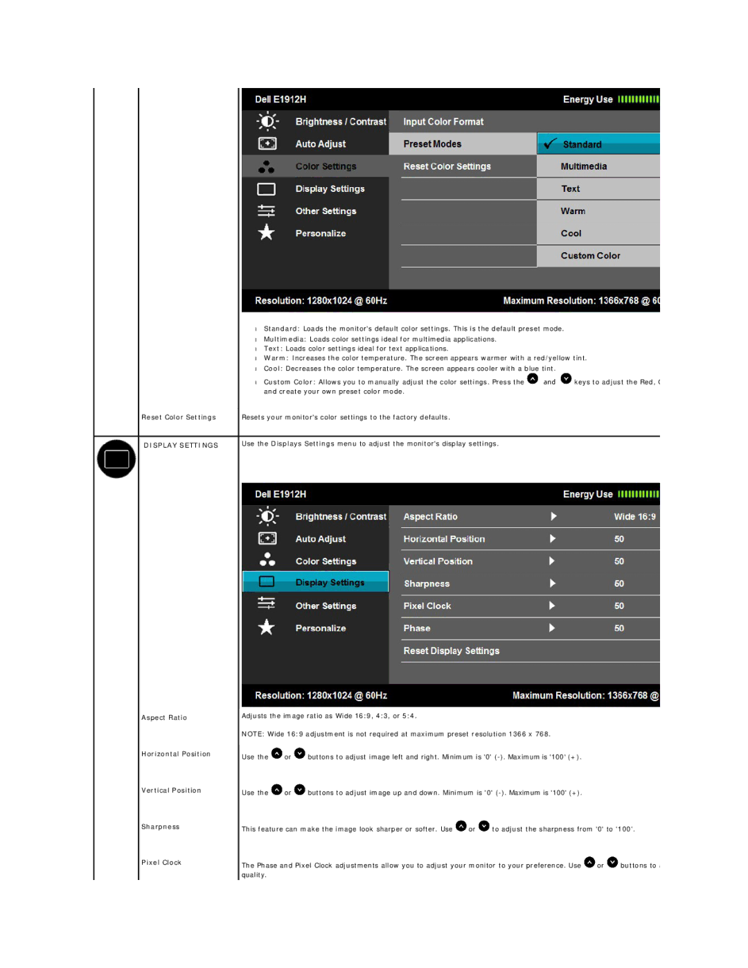 Dell E1912HC appendix Reset Color Settings, Display Settings 