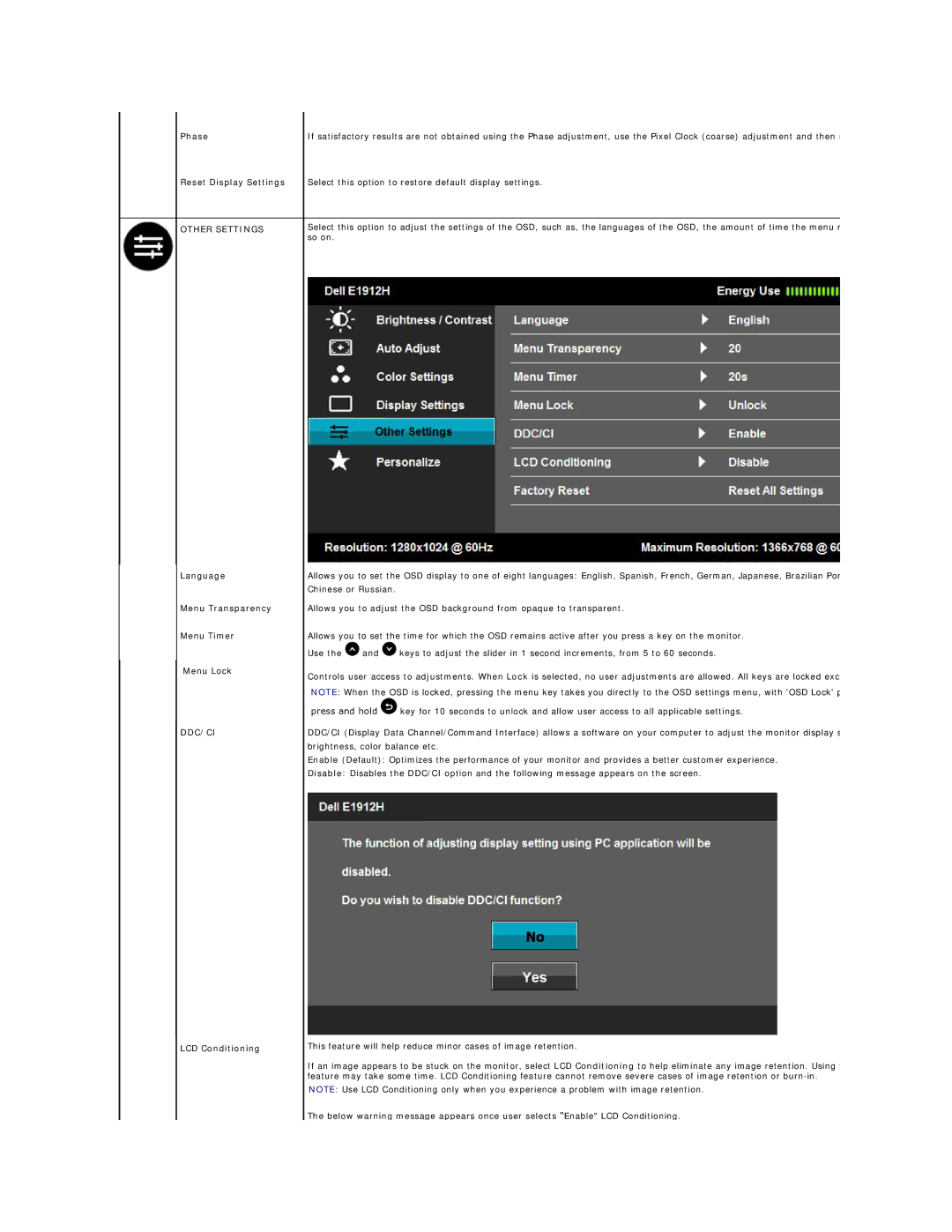 Dell E1912HC Phase Reset Display Settings, Other Settings, Language Menu Transparency Menu Timer Menu Lock, Ddc/Ci 