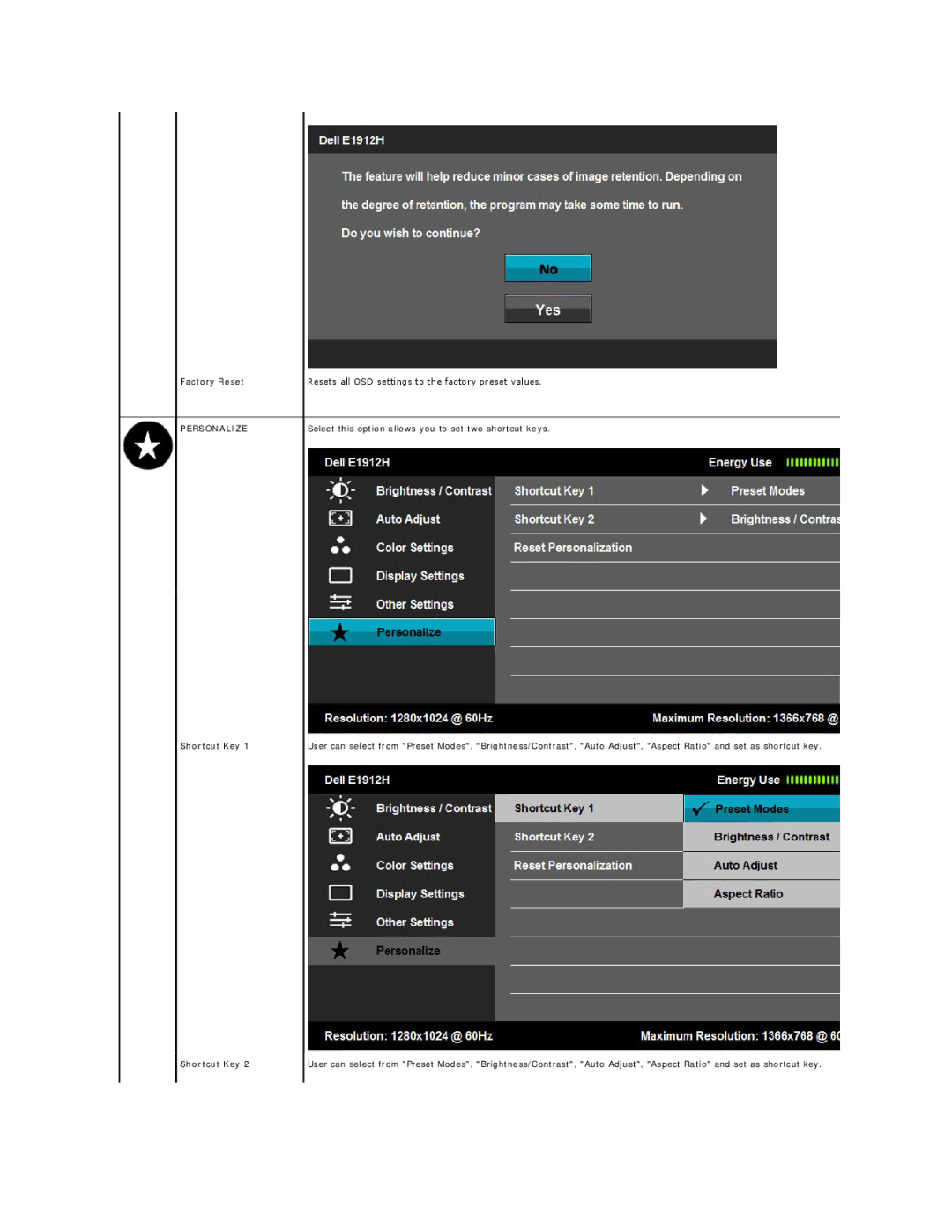 Dell E1912HC appendix Factory Reset, Personalize, Shortcut Key 