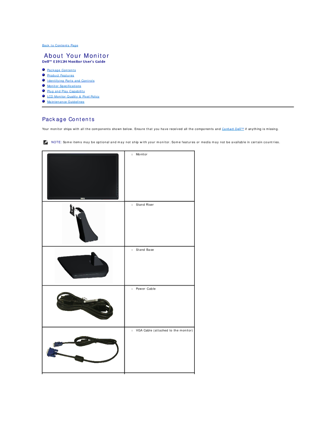 Dell E1912HC appendix About Your Monitor, Package Contents 