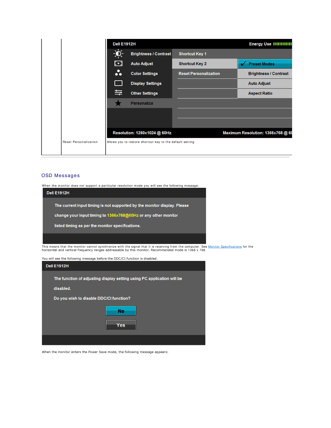 Dell E1912HC appendix OSD Messages, Reset Personalization 