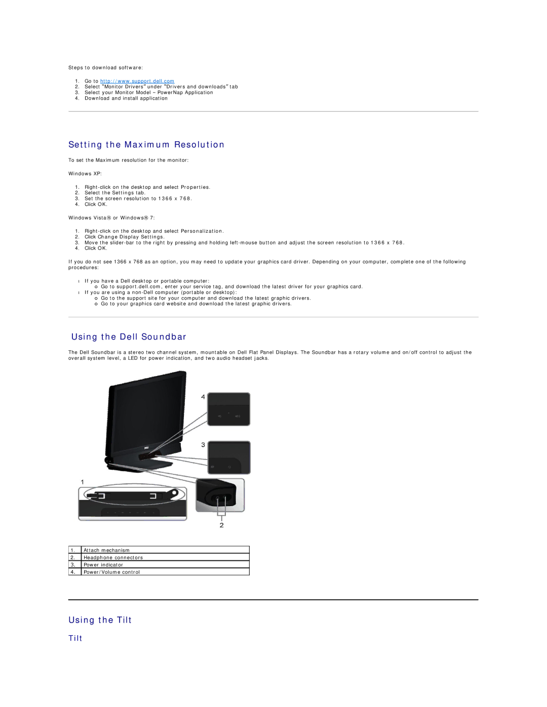 Dell E1912H appendix Setting the Maximum Resolution, Using the Dell Soundbar, Using the Tilt, Click Change Display Settings 