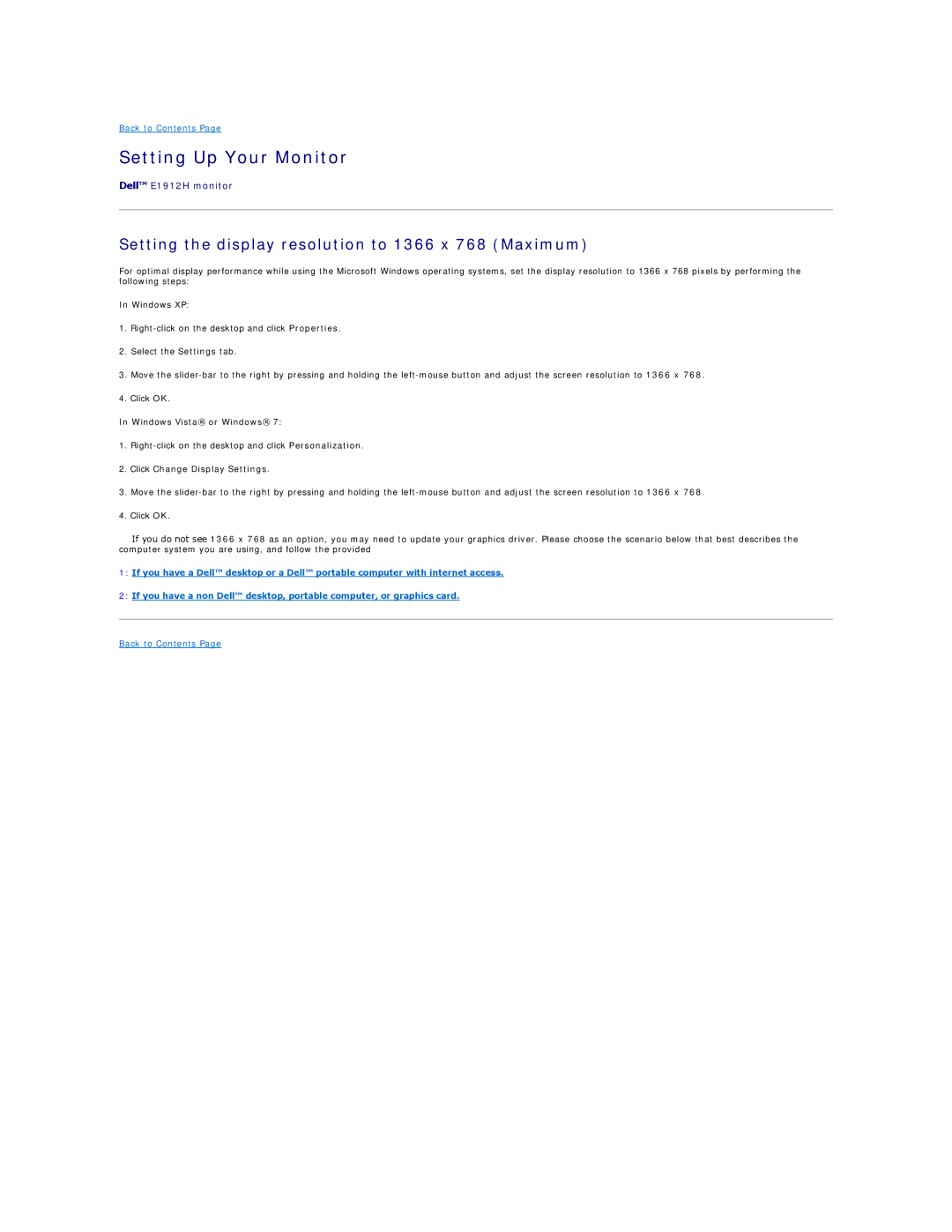 Dell E1912HC appendix Setting Up Your Monitor, Setting the display resolution to 1366 x 768 Maximum 