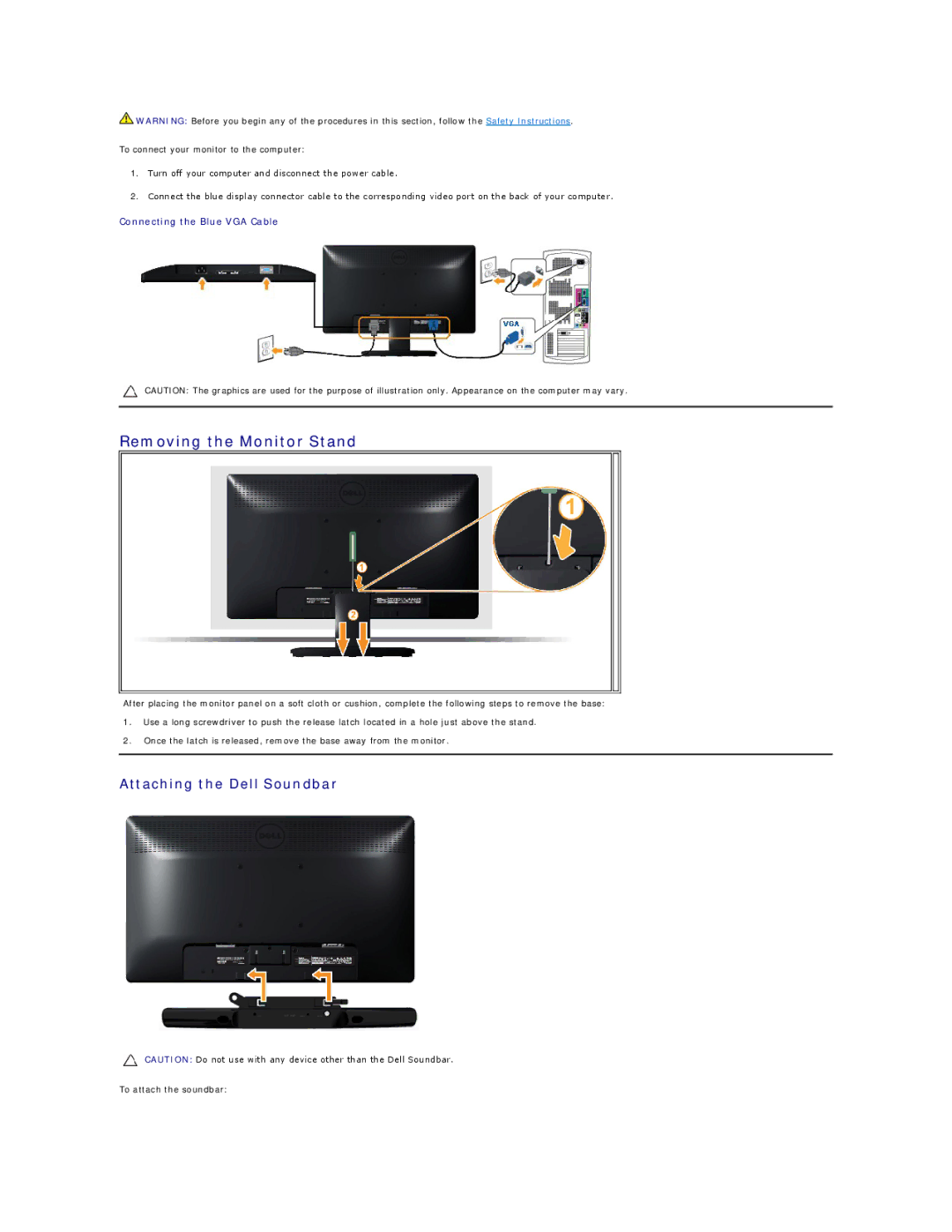 Dell E1912HC appendix Removing the Monitor Stand, Attaching the Dell Soundbar 