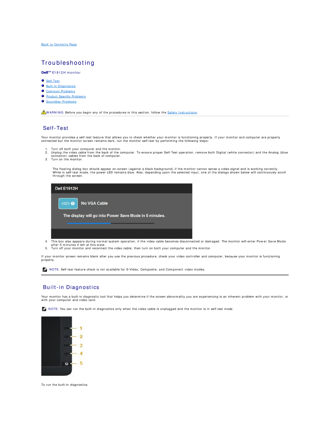 Dell E1912HC appendix Troubleshooting, Self-Test, Built-in Diagnostics 