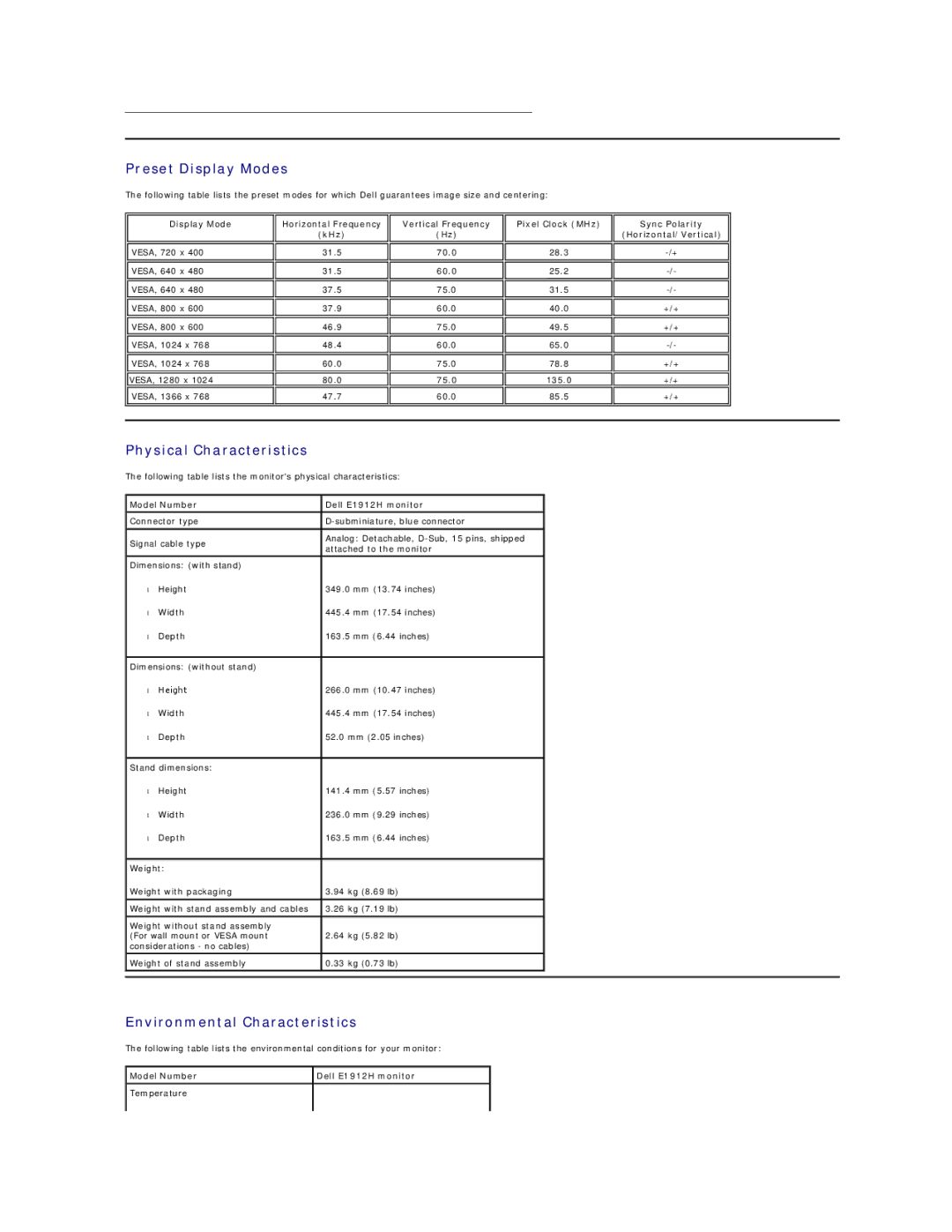 Dell E1912HC appendix Preset Display Modes, Physical Characteristics, Environmental Characteristics 