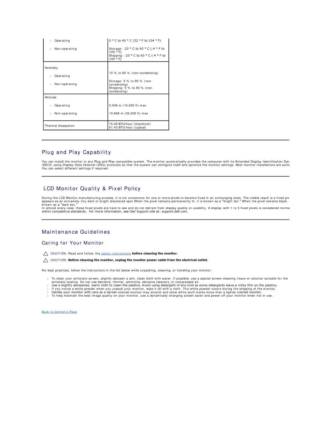 Dell E1912H Plug and Play Capability, LCD Monitor Quality & Pixel Policy, Maintenance Guidelines, Caring for Your Monitor 