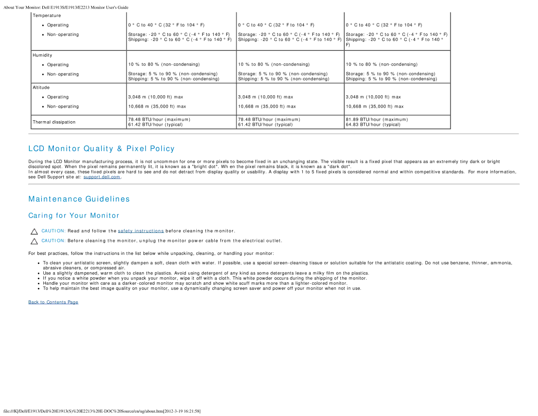 Dell E1913 appendix LCD Monitor Quality & Pixel Policy, Caring for Your Monitor 