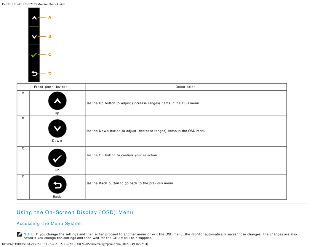 Dell E1913 appendix Using the On-Screen Display OSD Menu, Accessing the Menu System, Down, Back 