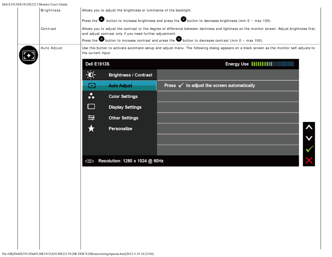 Dell E1913 appendix Brightness, Contrast, Auto Adjust 