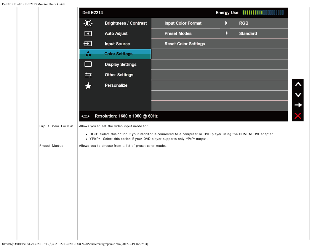 Dell E1913 appendix Input Color Format Preset Modes 