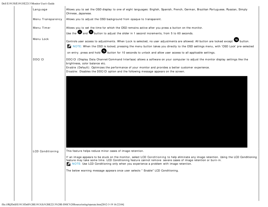 Dell E1913 appendix Language Menu Transparency Menu Timer Menu Lock, LCD Conditioning 