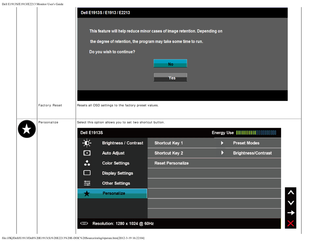 Dell E1913 appendix Factory Reset, Personalize 