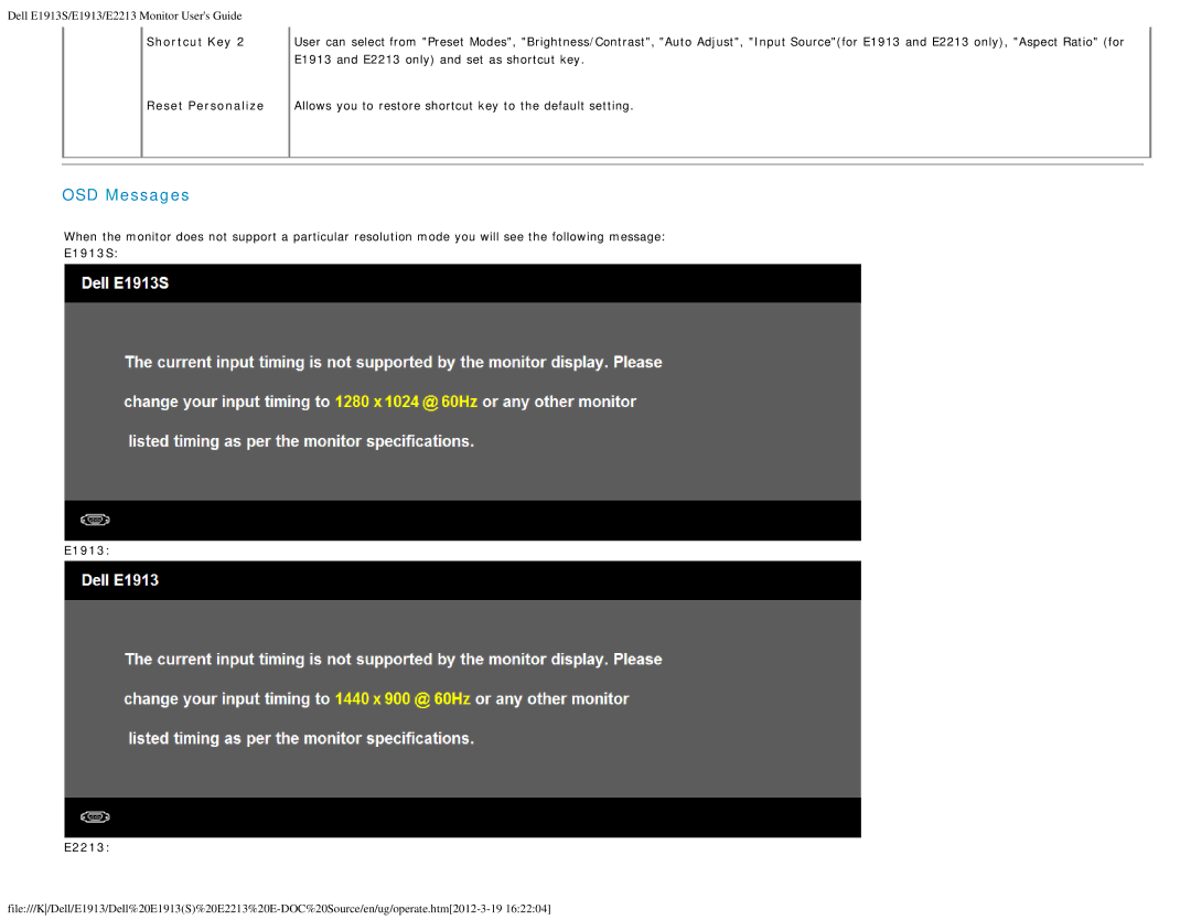 Dell appendix OSD Messages, Shortcut Key Reset Personalize, E1913S E2213 