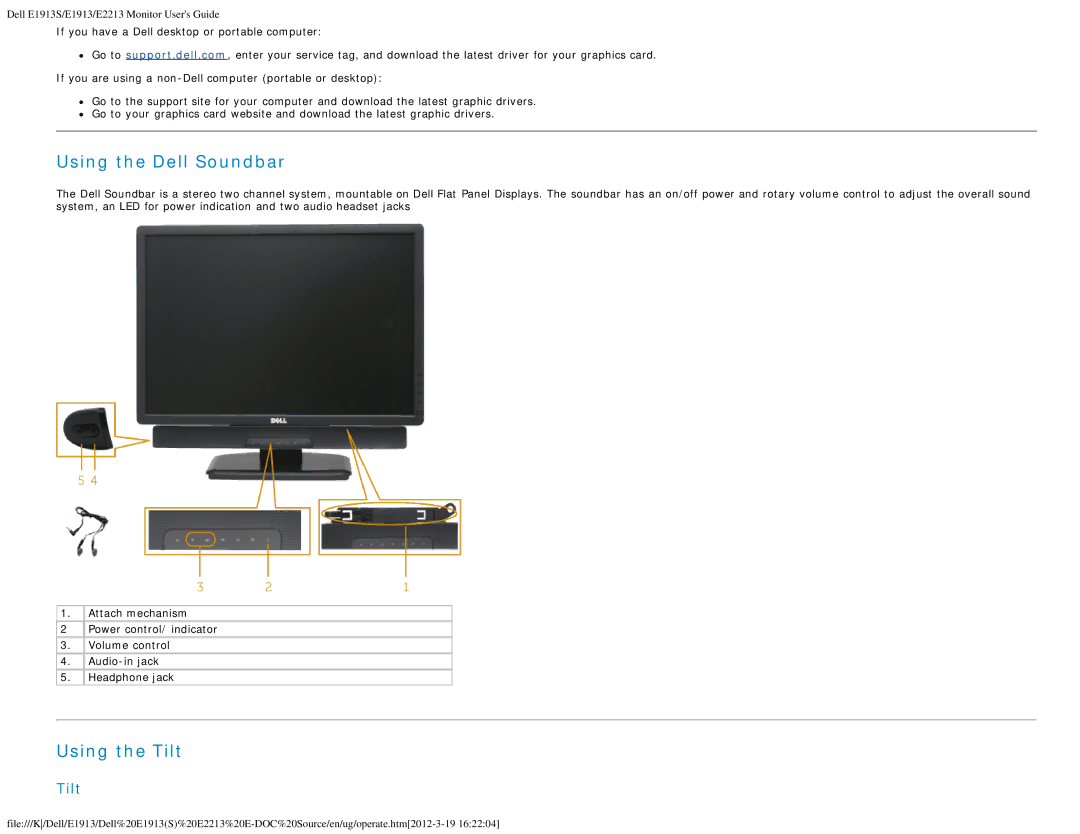 Dell E1913 appendix Using the Dell Soundbar, Using the Tilt 