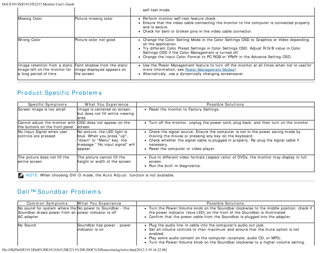 Dell E1913 appendix Product Specific Problems 