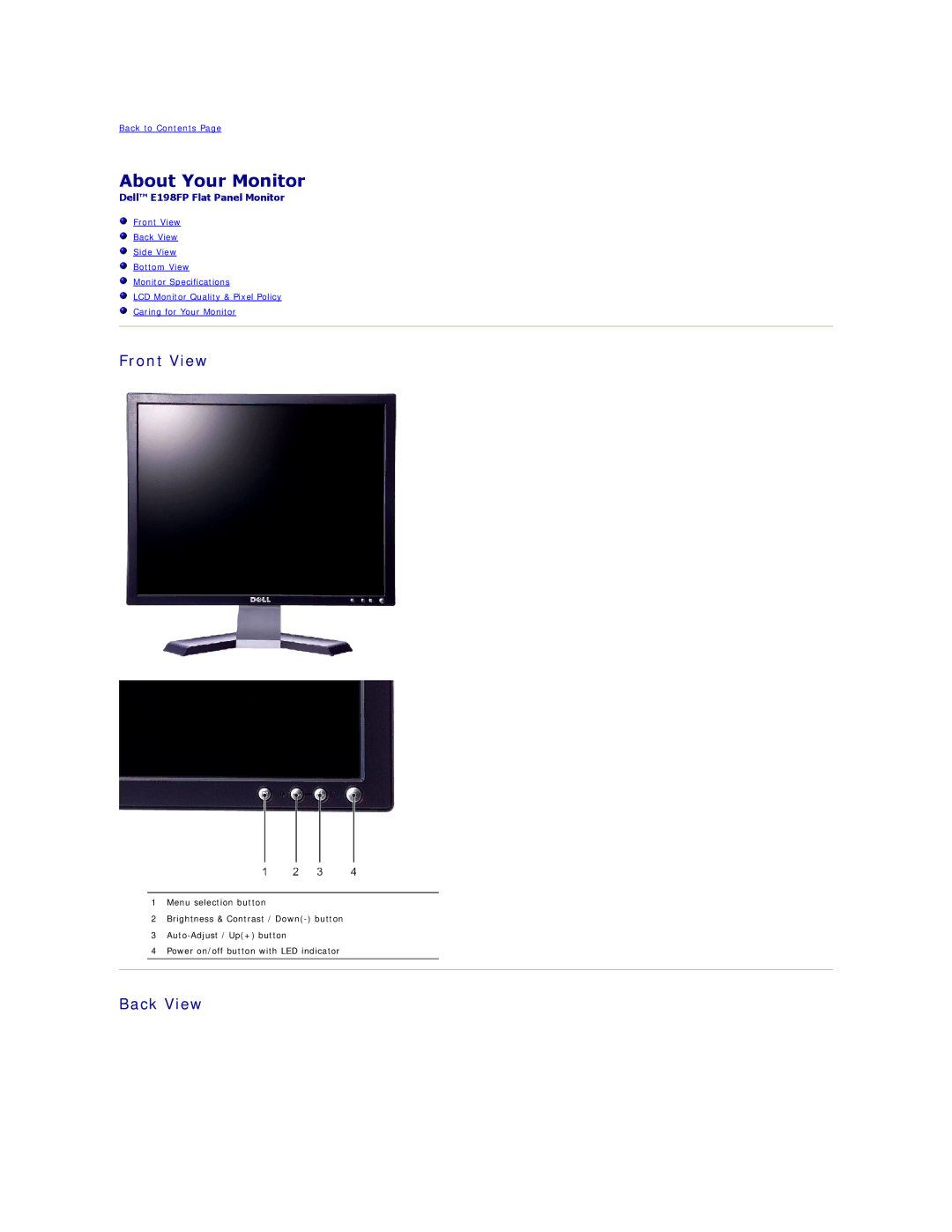 Dell E198FP appendix About Your Monitor, Front View, Back View 