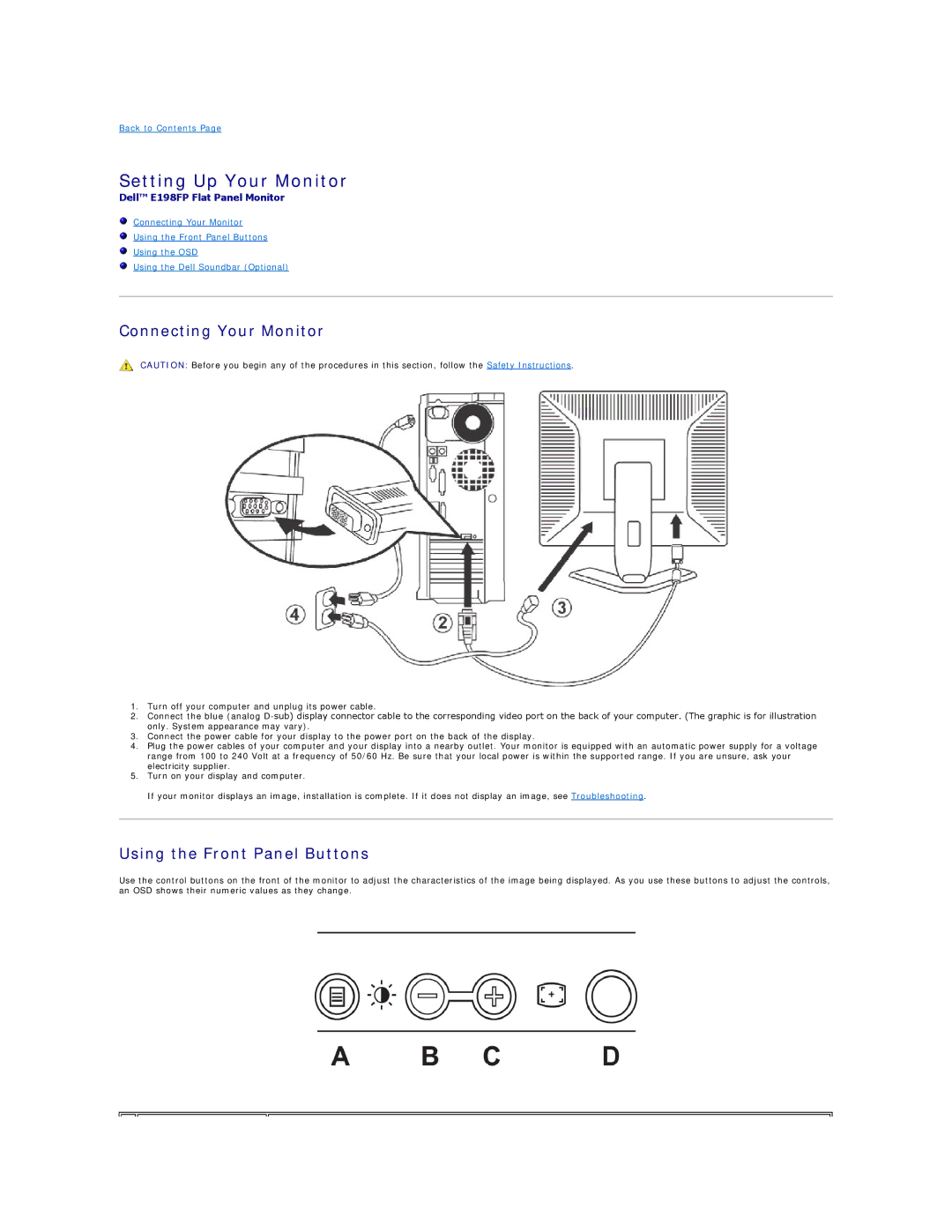 Dell E198FP appendix Setting Up Your Monitor, Connecting Your Monitor, Using the Front Panel Buttons 