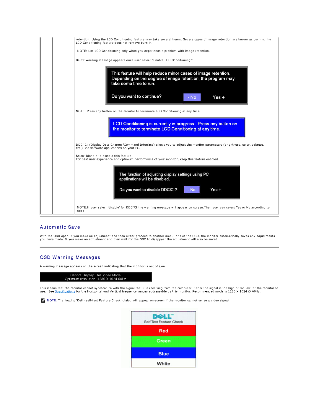 Dell E198FP appendix Automatic Save, OSD Warning Messages 