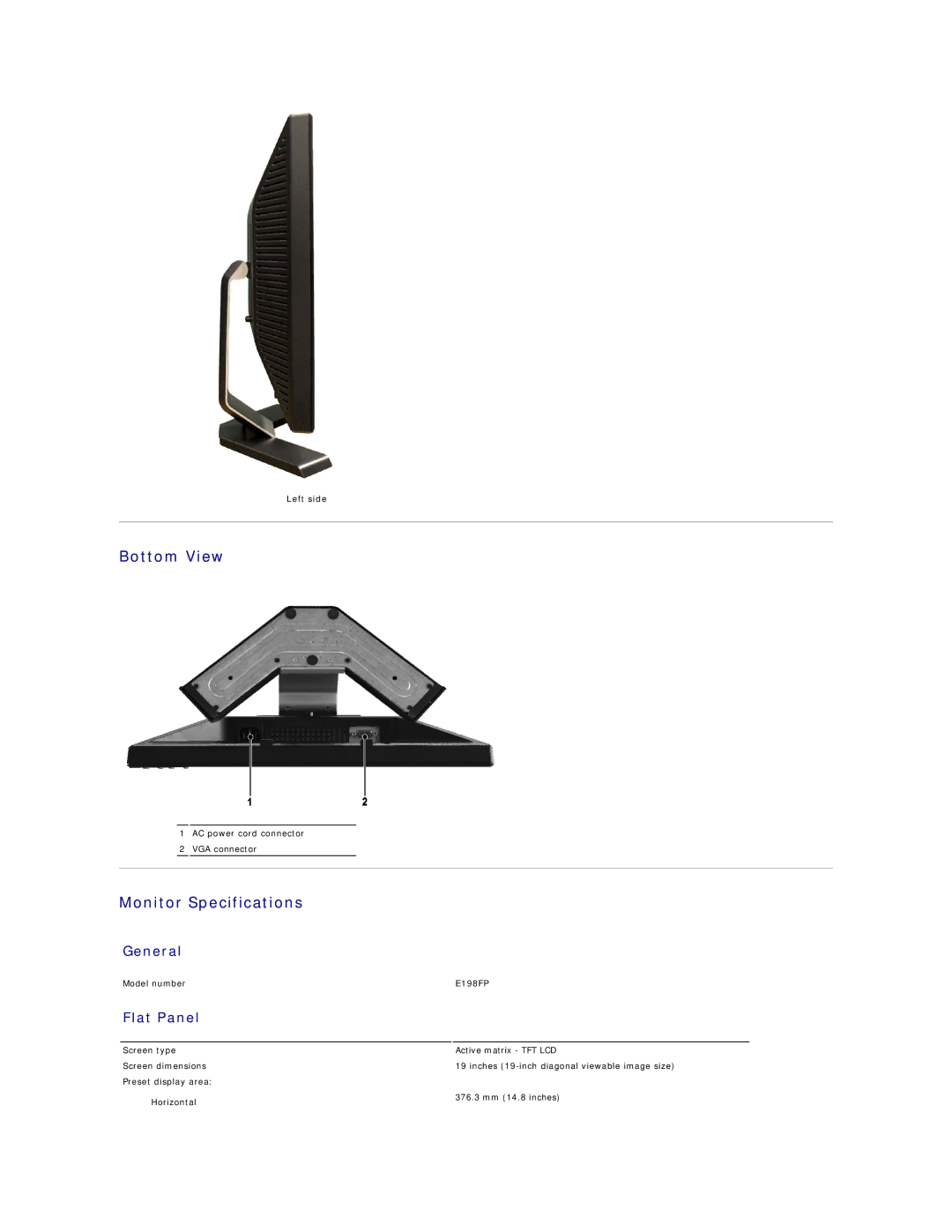 Dell E198FP appendix Bottom View, Monitor Specifications, General, Flat Panel, Left side 