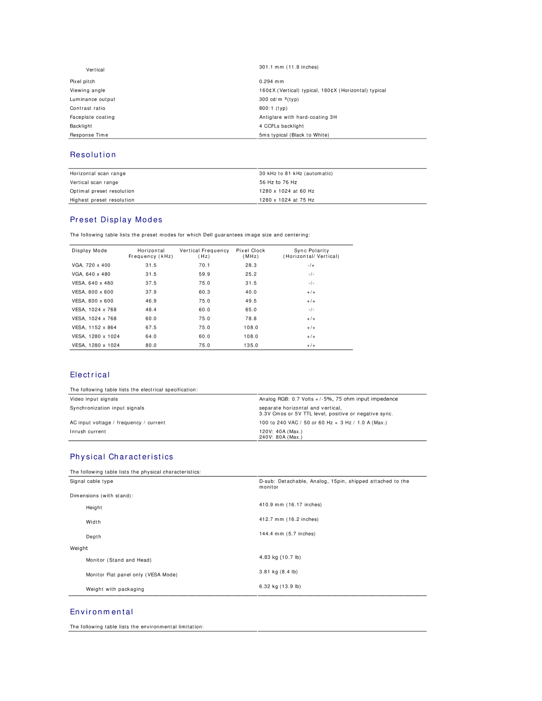 Dell E198FP appendix Resolution, Preset Display Modes, Electrical, Physical Characteristics, Environmental 