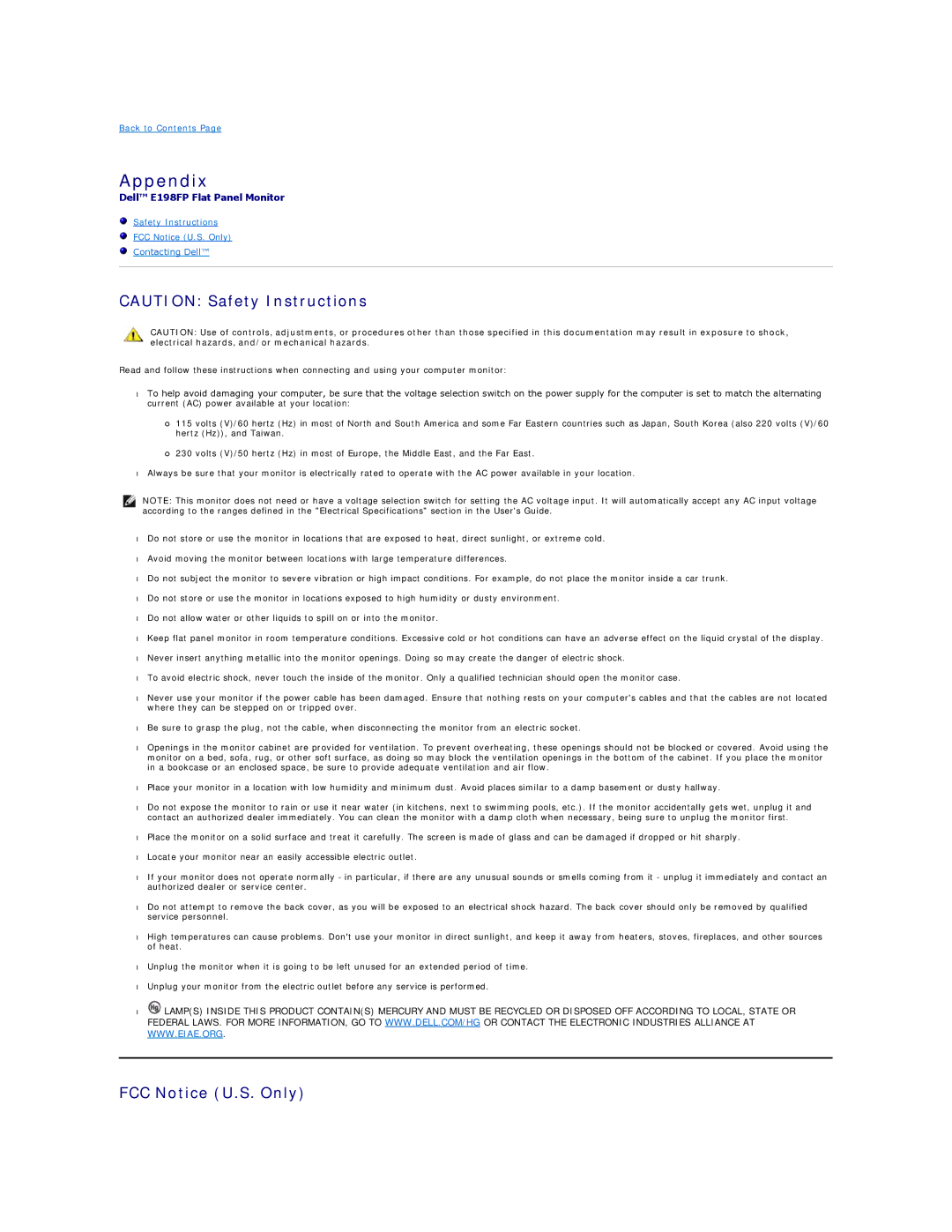 Dell E198FP appendix Appendix, FCC Notice U.S. Only 