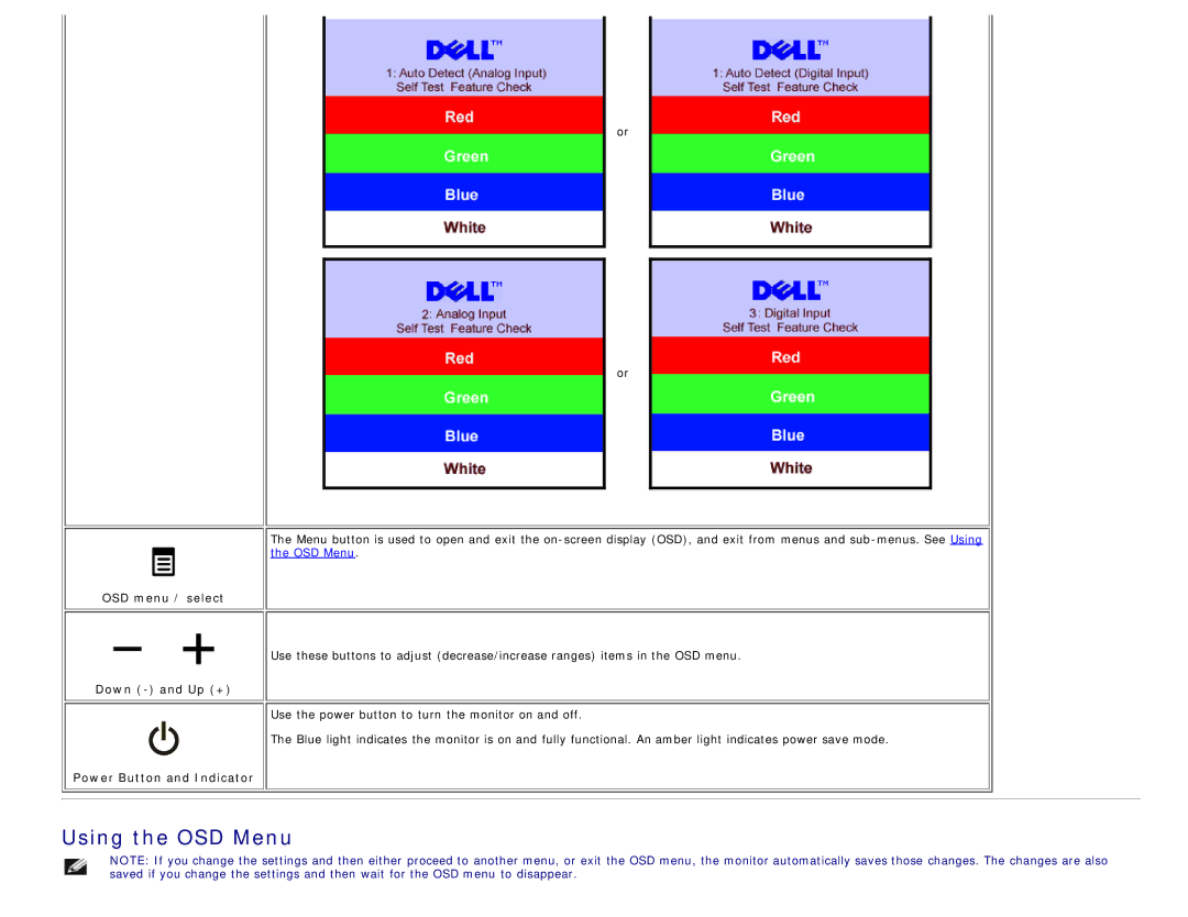 Dell E198WFP appendix Using the OSD Menu, OSD menu / select, Down and Up +, Power Button and Indicator 