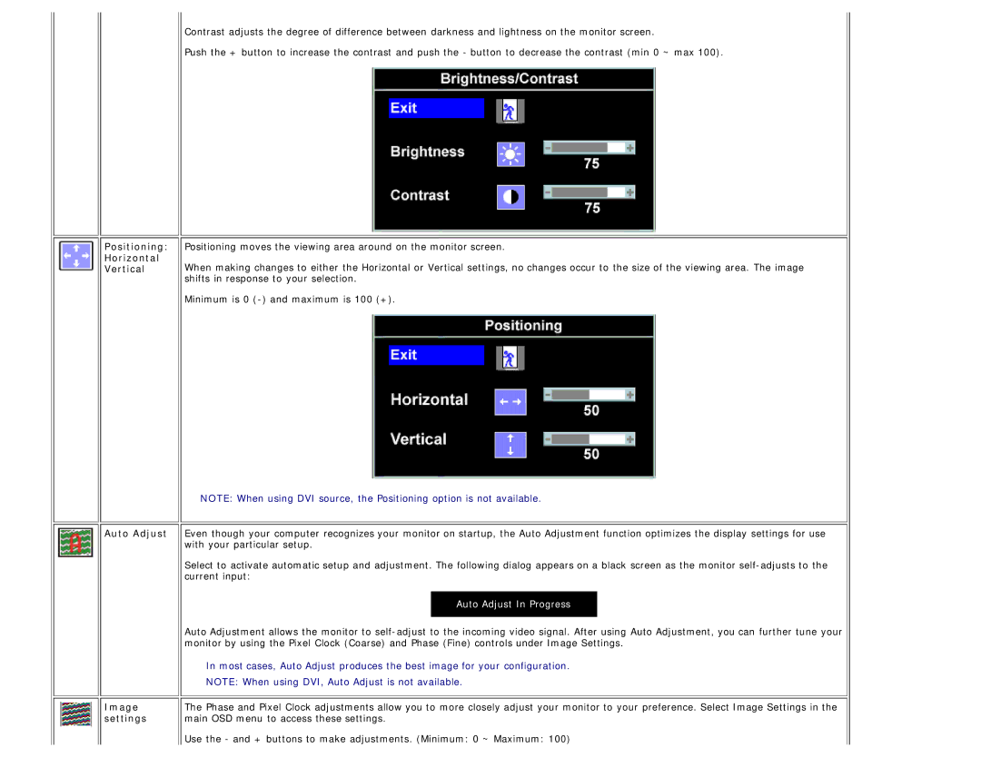 Dell E198WFP appendix Horizontal, Auto Adjust, Image, Settings 