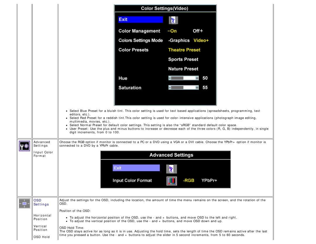 Dell E198WFP appendix Advanced Settings Input Color Format, Horizontal Position Vertical OSD Hold 