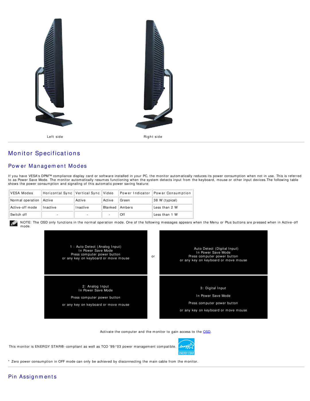 Dell E198WFP appendix Monitor Specifications 