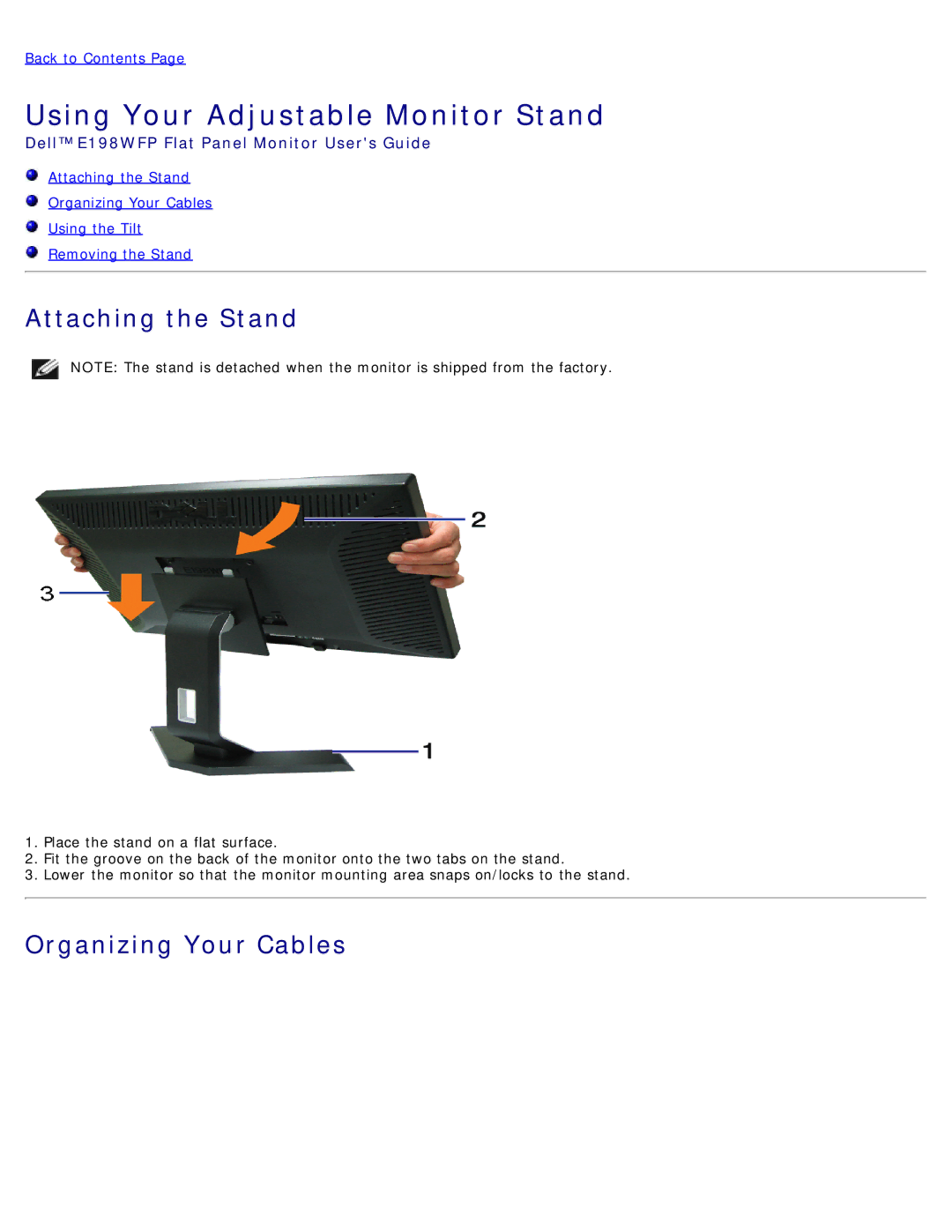 Dell E198WFP appendix Using Your Adjustable Monitor Stand 