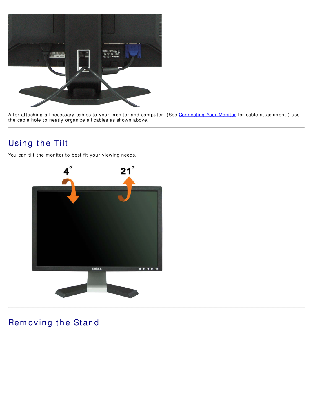 Dell E198WFP appendix Using the Tilt, Removing the Stand, You can tilt the monitor to best fit your viewing needs 