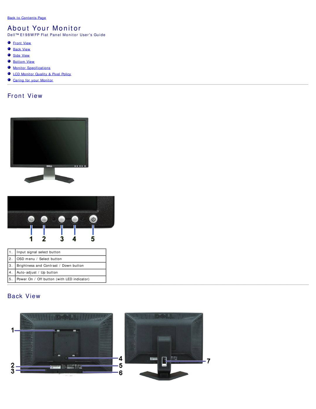 Dell About Your Monitor, Front View, Back View, Back to Contents Page, Dell E198WFP Flat Panel Monitor Users Guide 