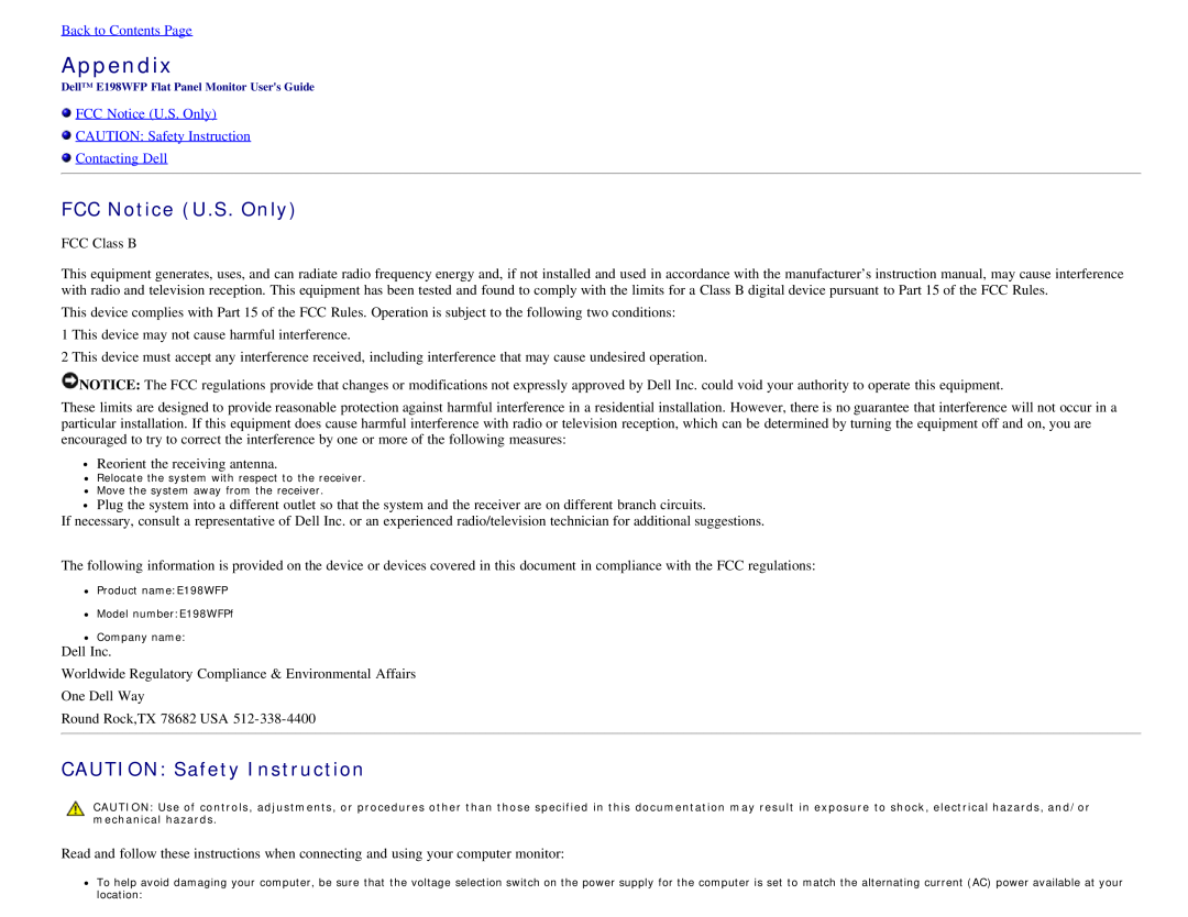 Dell E198WFP appendix FCC Notice U.S. Only, CAUTION Safety Instruction, Back to Contents Page, Appendix 