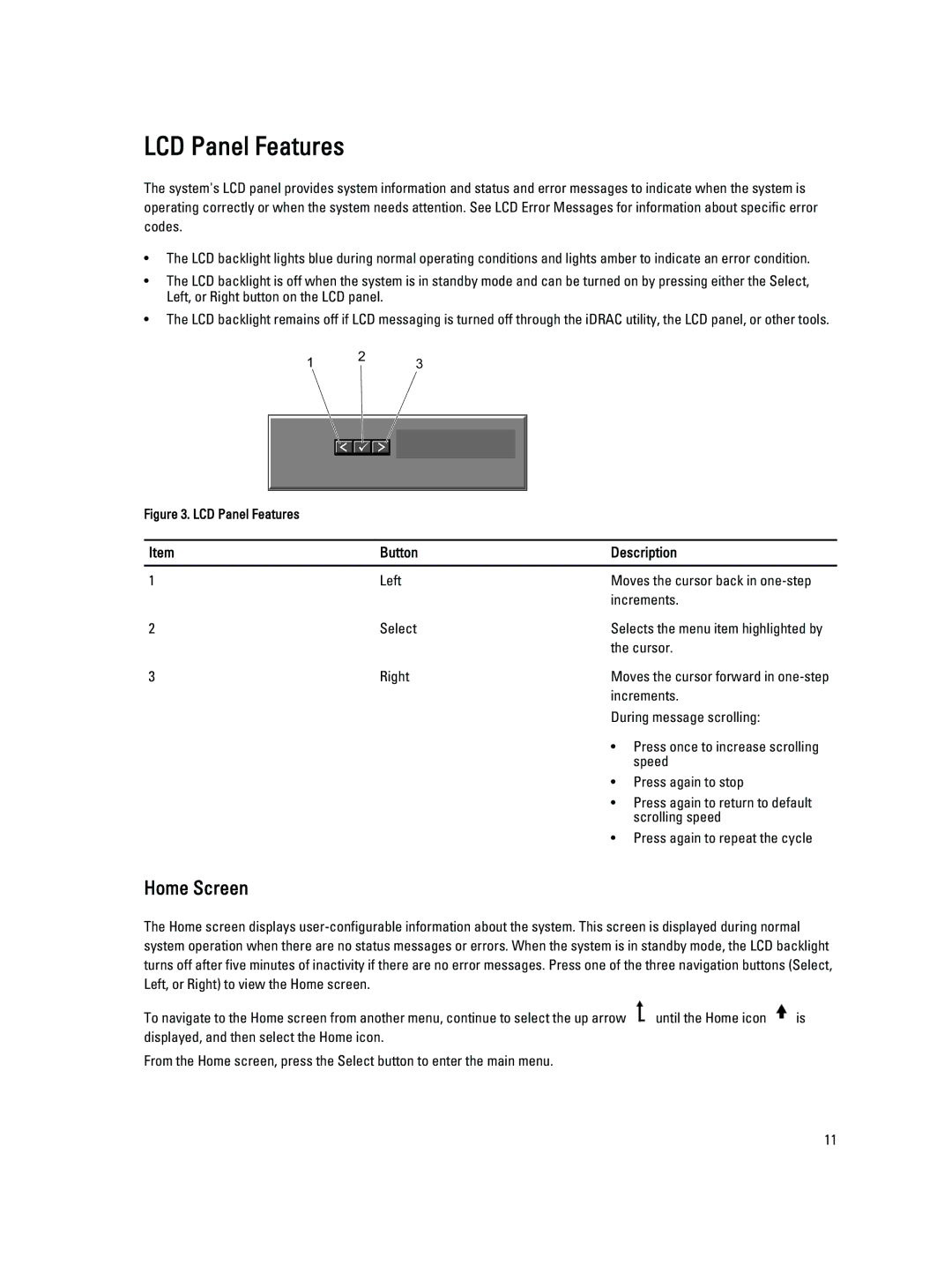 Dell R520, E19S owner manual LCD Panel Features, Home Screen, Button Description 