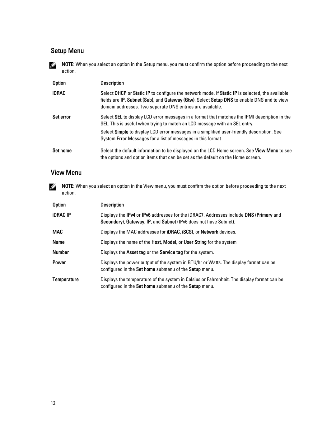 Dell E19S, R520 owner manual Setup Menu, View Menu 