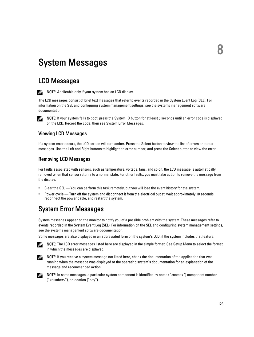 Dell R520, E19S owner manual System Error Messages, Viewing LCD Messages, Removing LCD Messages 