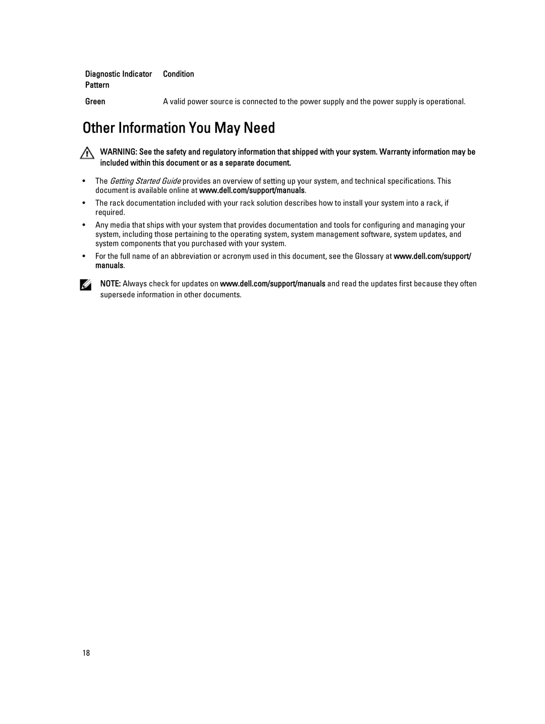 Dell E19S, R520 owner manual Other Information You May Need, Diagnostic Indicator Condition Pattern Green 