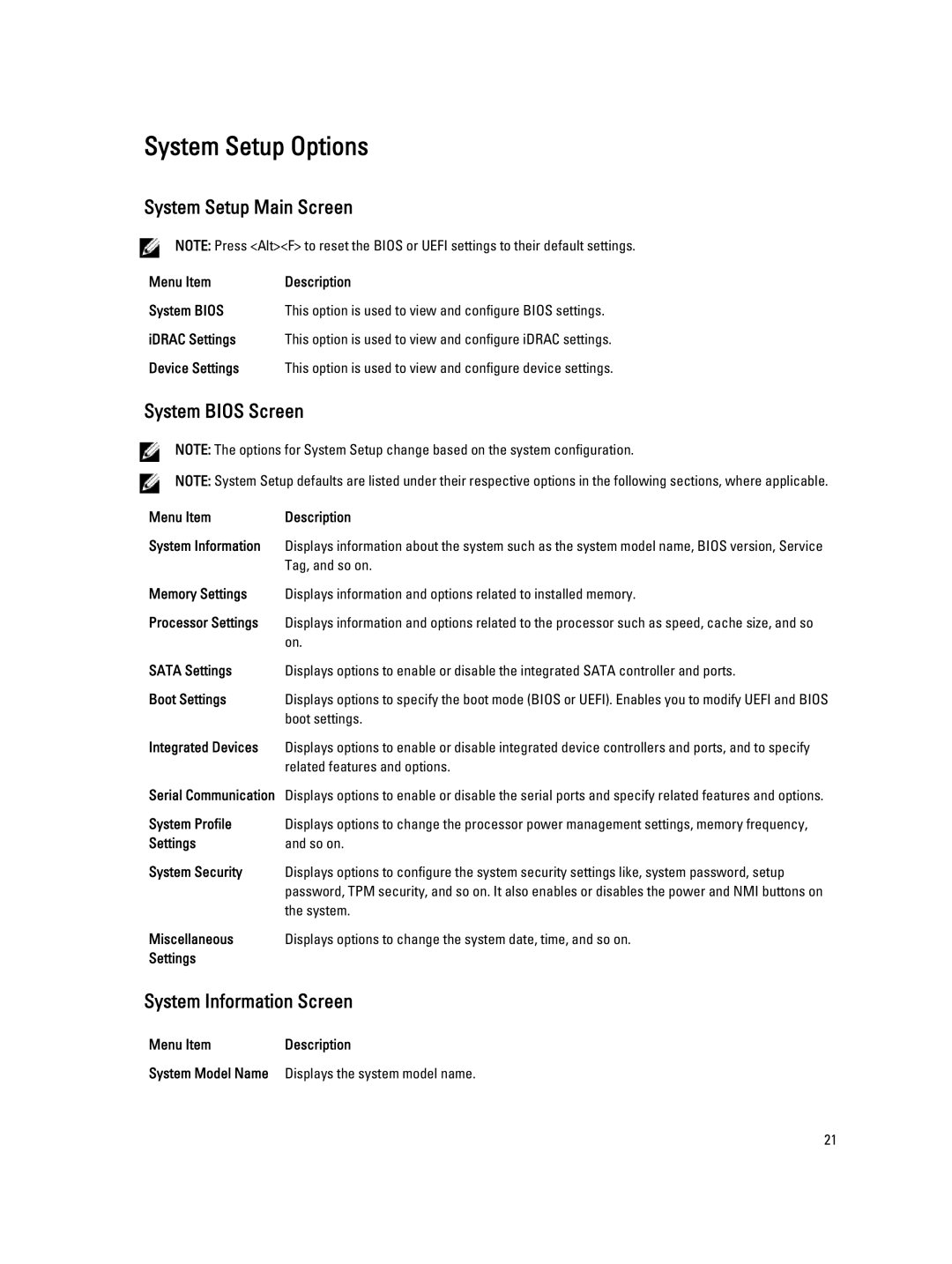 Dell R520, E19S owner manual System Setup Options, System Setup Main Screen, System Bios Screen, System Information Screen 