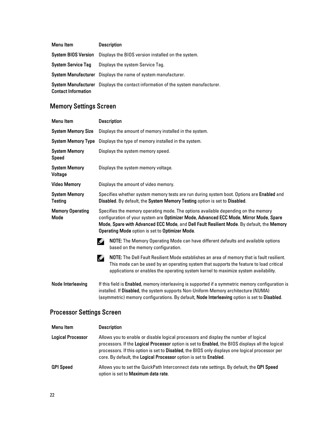 Dell E19S, R520 owner manual Memory Settings Screen, Processor Settings Screen 