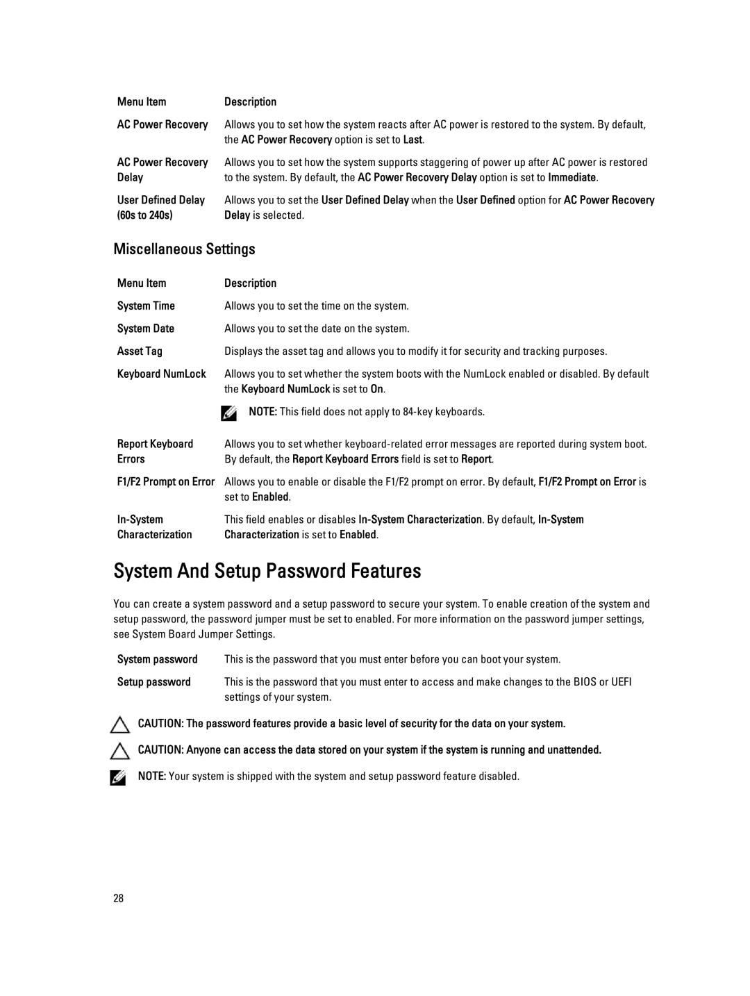 Dell E19S, R520 owner manual System And Setup Password Features, Miscellaneous Settings 