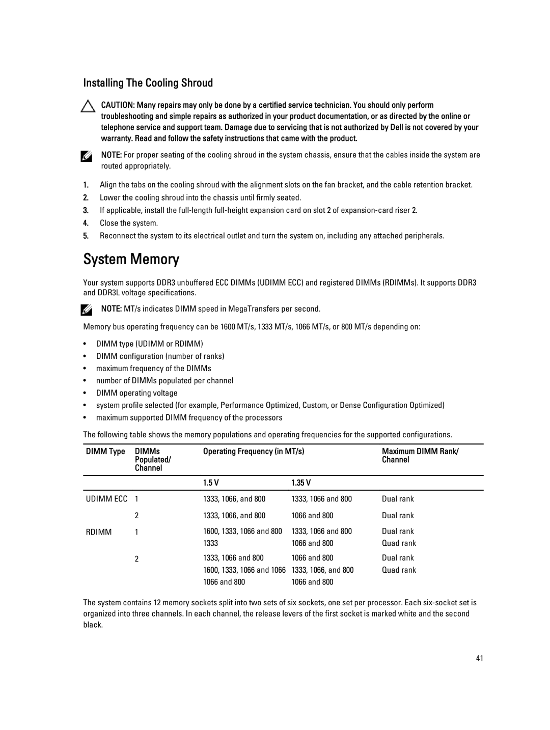 Dell R520, E19S System Memory, Installing The Cooling Shroud, 1333, 1066, Dual rank, 1333, 1066 Dual rank Quad rank 