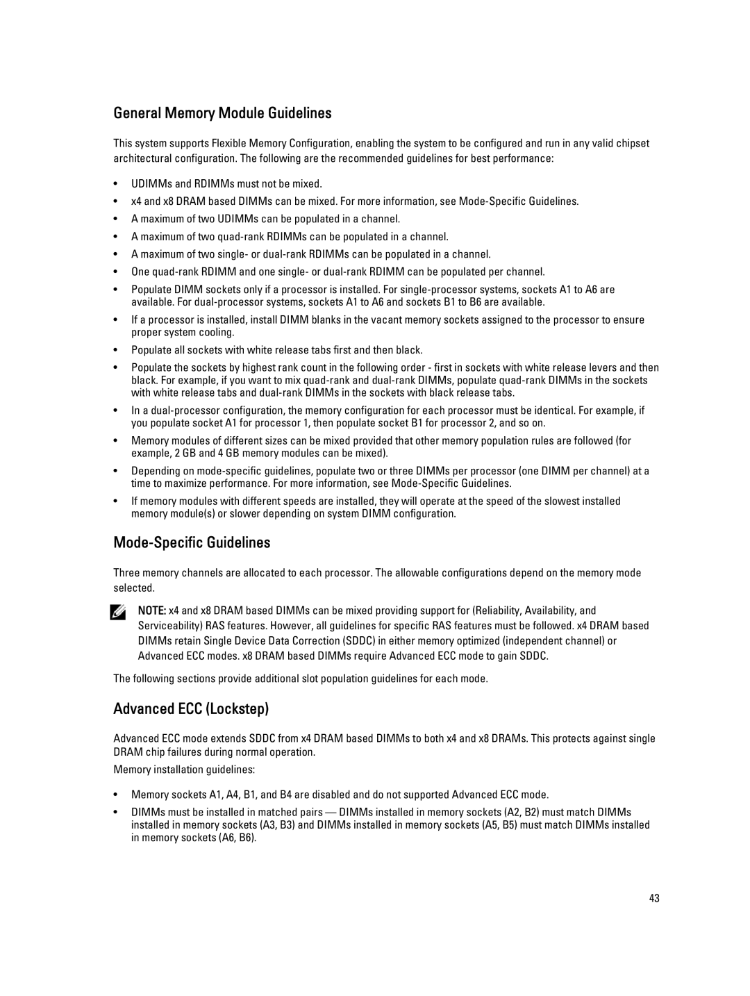 Dell R520, E19S owner manual General Memory Module Guidelines, Mode-Specific Guidelines, Advanced ECC Lockstep 