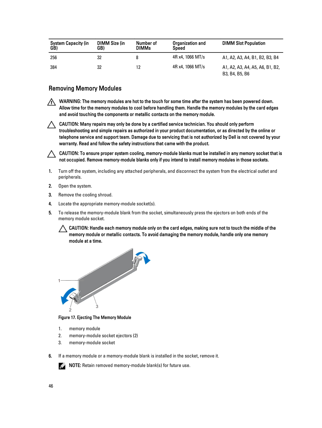 Dell E19S, R520 owner manual Removing Memory Modules, 256 4R x4, 1066 MT/s, 384 4R x4, 1066 MT/s 