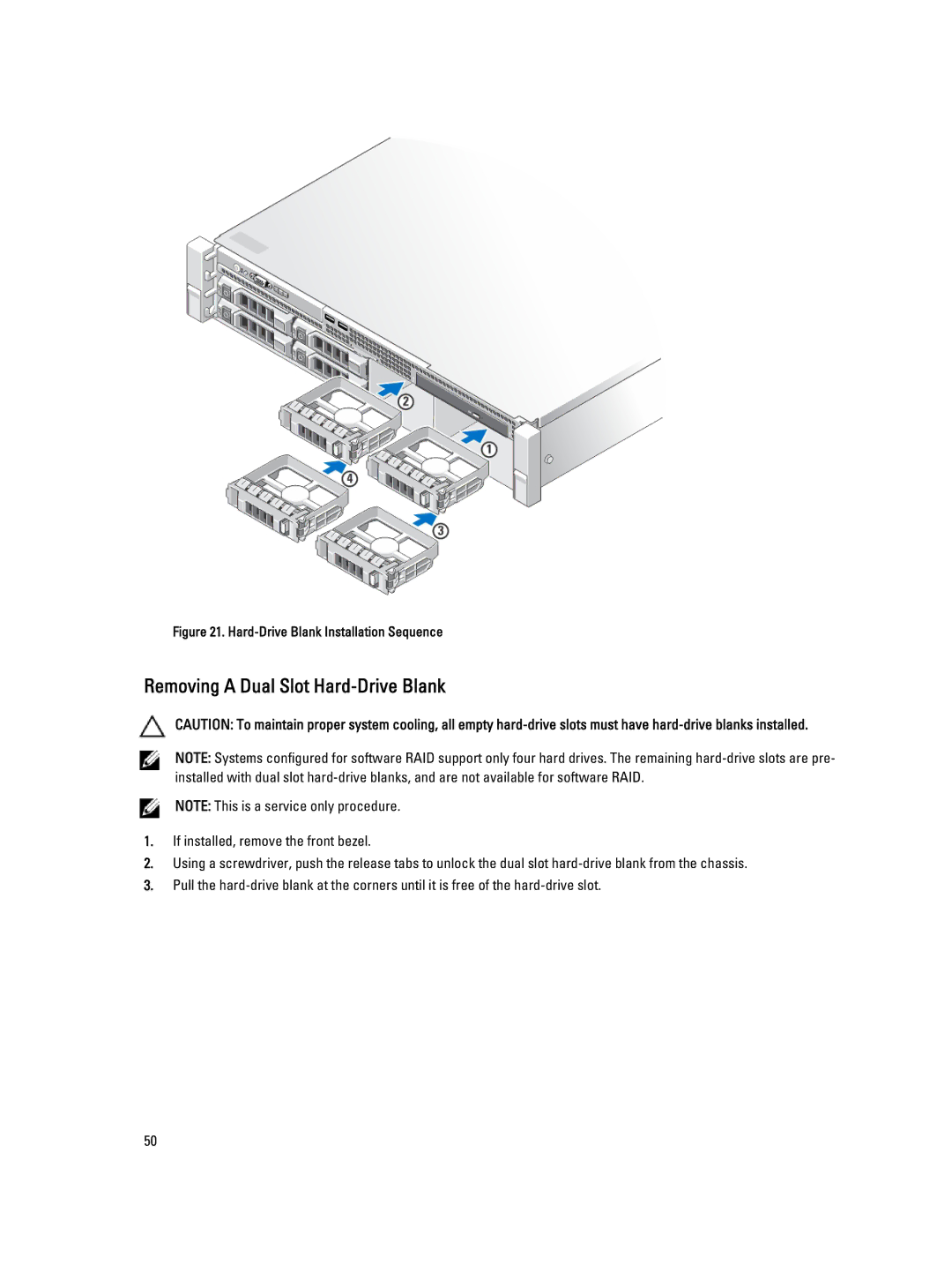 Dell E19S, R520 owner manual Removing a Dual Slot Hard-Drive Blank, Hard-Drive Blank Installation Sequence 