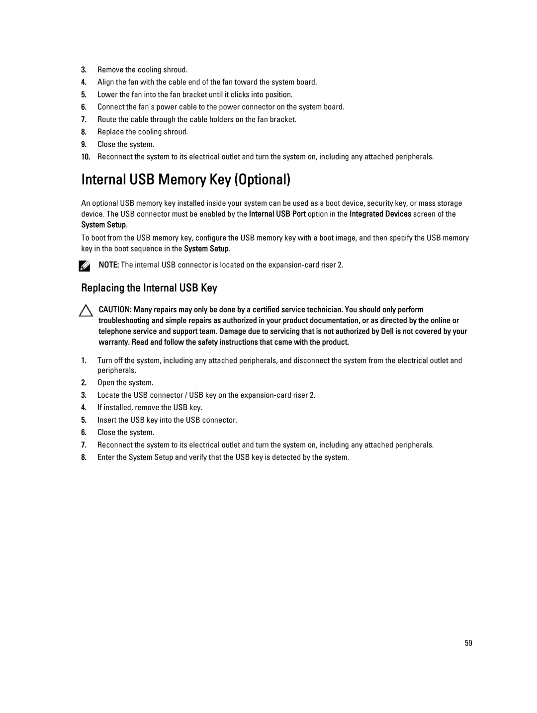 Dell R520, E19S owner manual Internal USB Memory Key Optional, Replacing the Internal USB Key 