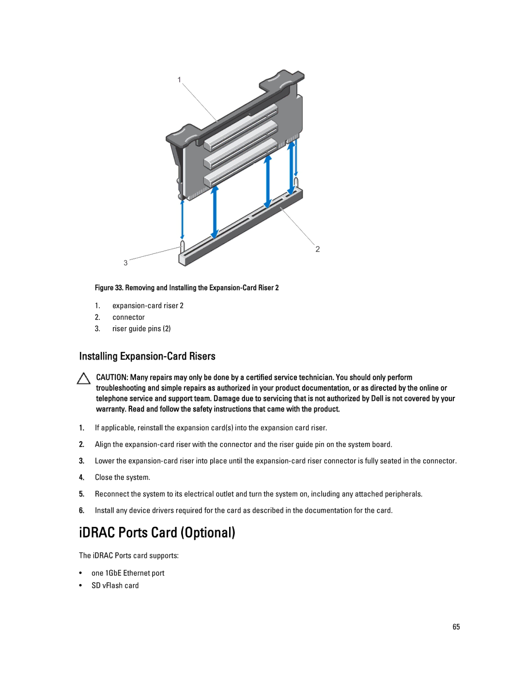 Dell R520 IDRAC Ports Card Optional, Installing Expansion-Card Risers, Expansion-card riser Connector Riser guide pins 