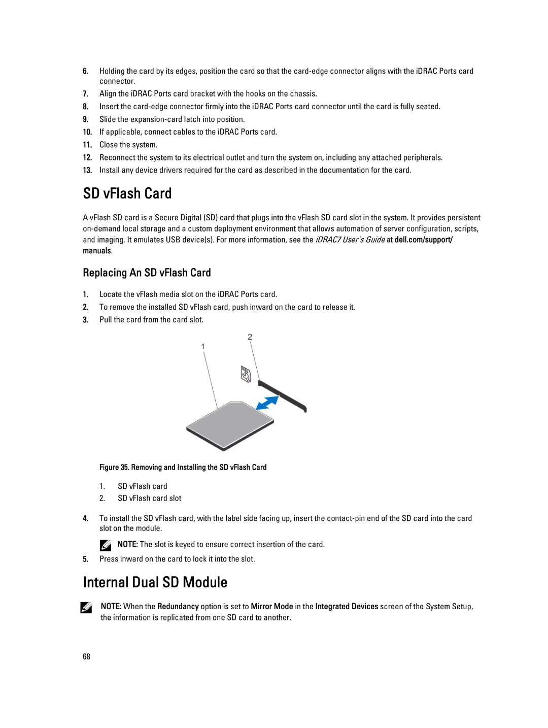 Dell E19S, R520 owner manual Internal Dual SD Module, Replacing An SD vFlash Card 