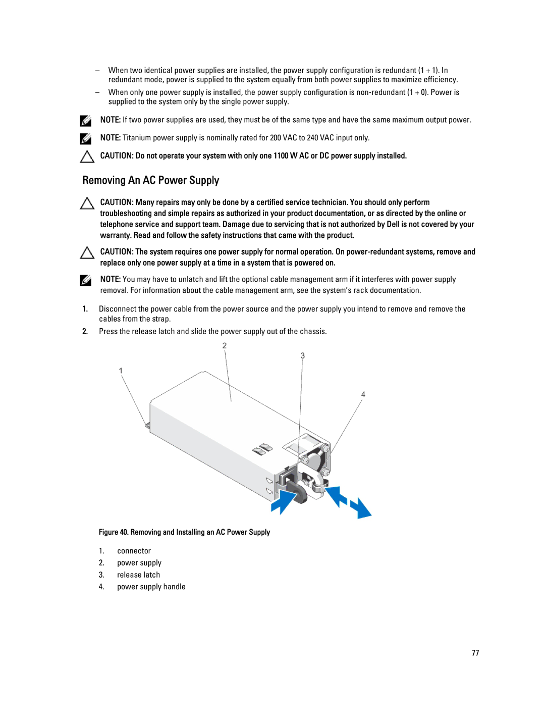 Dell R520, E19S owner manual Removing An AC Power Supply, Connector Power supply Release latch Power supply handle 