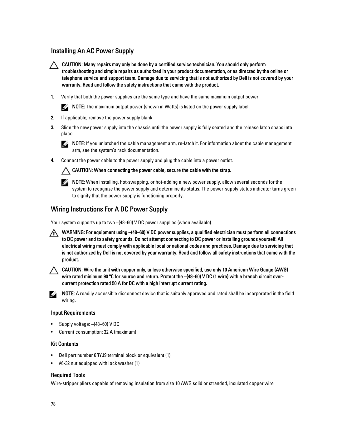 Dell E19S, R520 owner manual Installing An AC Power Supply, Wiring Instructions For a DC Power Supply 